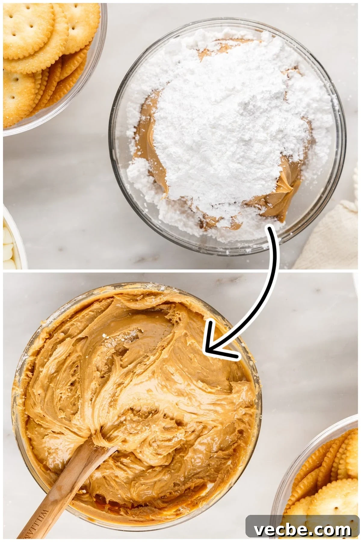 Chocolate-Dipped Peanut Butter Ritz Cracker Bites 4 Two steps shown here to mix the cracker filling.