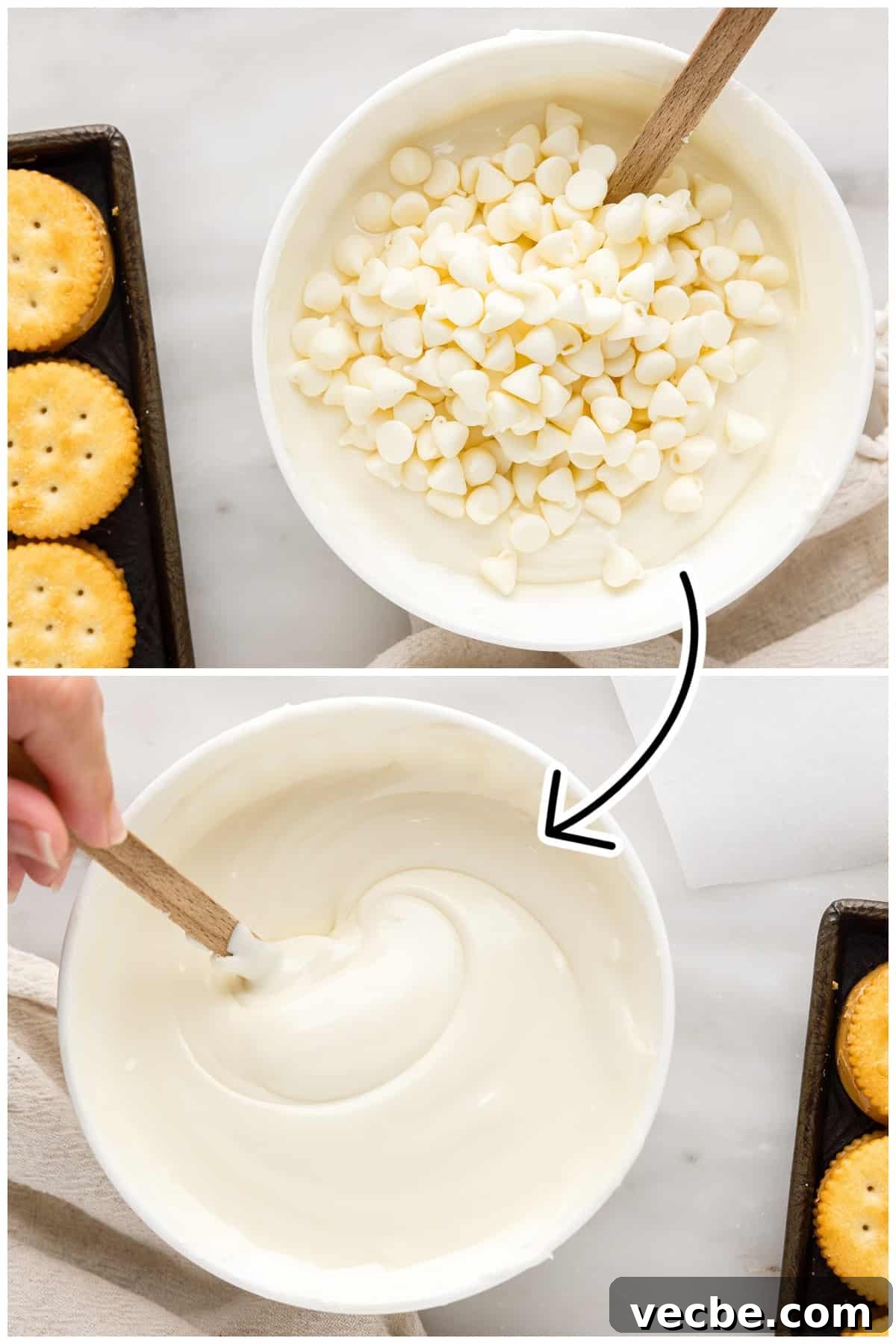 Chocolate-Dipped Peanut Butter Ritz Cracker Bites 9 Mixing in the remaining white chocolate chips into the smooth melted chocolate.
