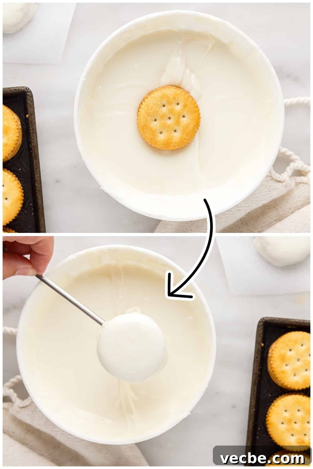 Chocolate-Dipped Peanut Butter Ritz Cracker Bites 10 Coating the ritz crackers in the melted chocolate.