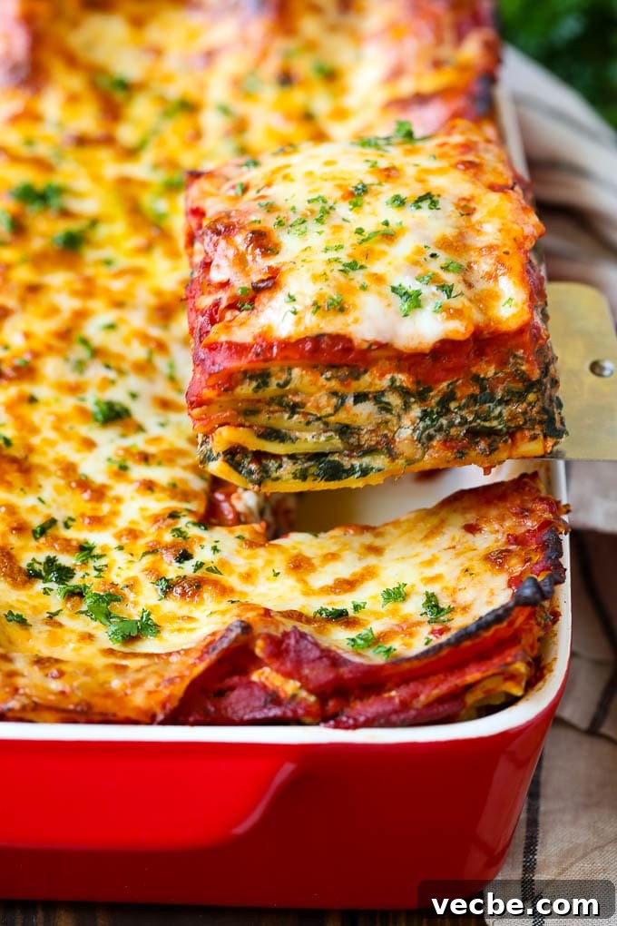 Spinach Lasagna Recipe | Vegetarian Lasagna #lasagna #spinach #cheese #pasta #italianfood #dinner #dinneratthezoo A spatula serving up a slice of spinach lasagna.