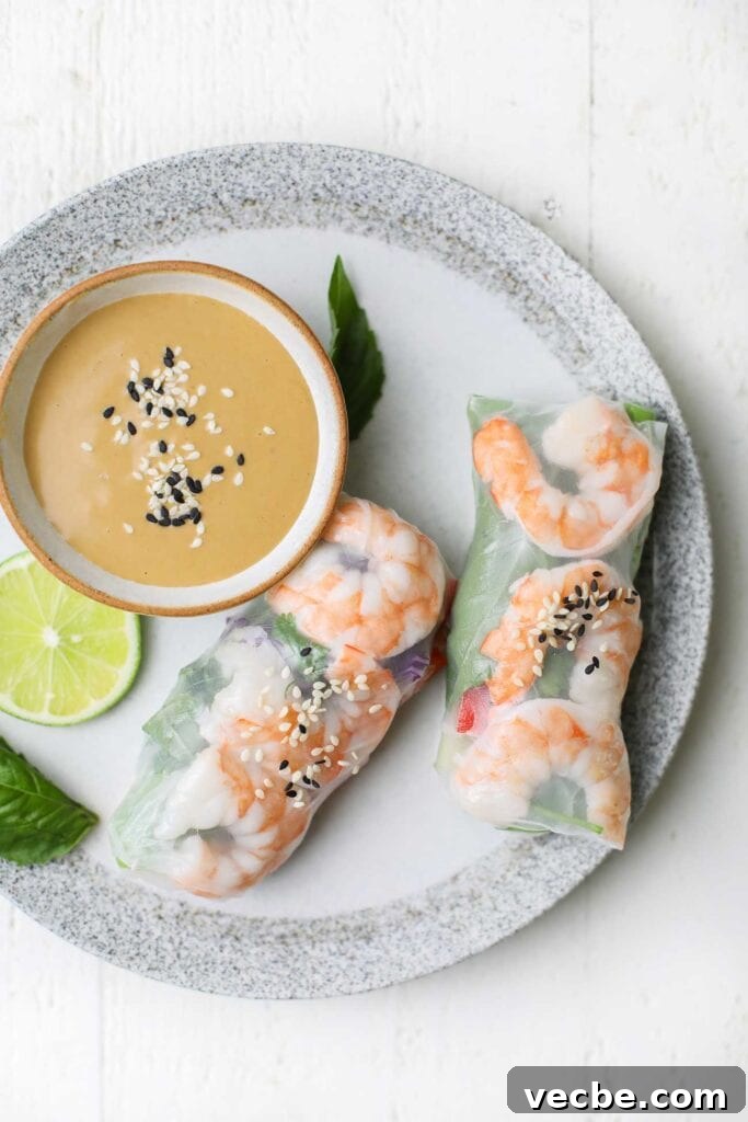 Vietnamese Spring Rolls Recipe with Peanut Dipping Sauce 14 Spring rolls on a plate with a little dish of the peanut sauce.