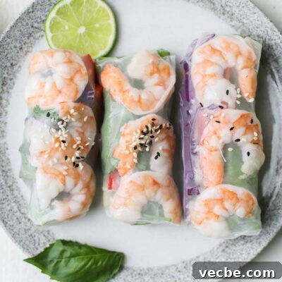 Vietnamese Spring Rolls Recipe with Peanut Dipping Sauce 15 3 spring rolls shown with shrimp on a white plate.