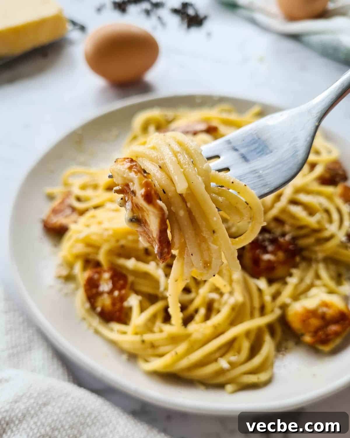 Creamy Halloumi Carbonara Recipe 2 close up forkful of spaghetti carbonara