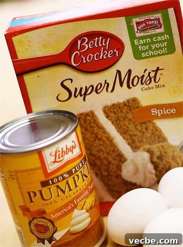 Pumpkin Cake Mix Muffins Recipe 3 Pumpkin muffin ingredients spice cake mix, a can of pumpkin, and three eggs