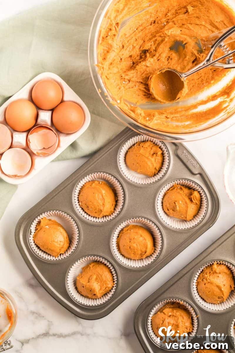 Pumpkin Cake Mix Muffins Recipe 6 pumpkin muffin batter scooped into a prepared mufin pan, a large stainless steel cookie scoop was used to scoop the batter