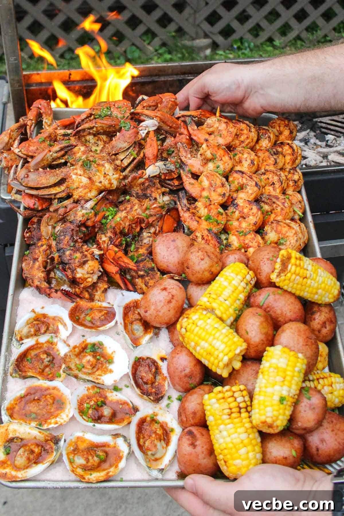 How to Make a Grilled Seafood Platter 2 The Grilled Seafood Platter is a beautiful feast with blue crabs, shrimp, lobster tails, and oysters.