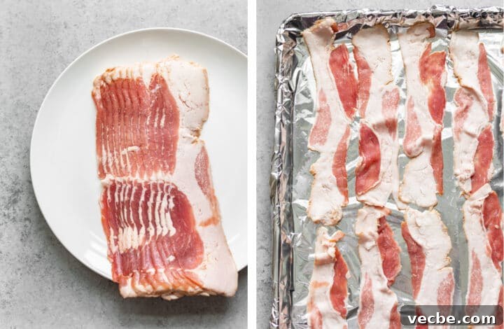 How to Cook Bacon in the Oven for Crispy Strips 3 bacon strips on a plate next to a baking sheet with foil