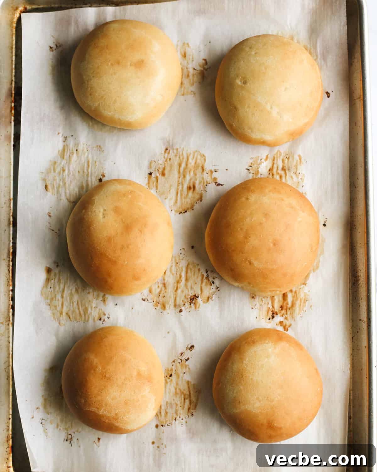 Fresh homemade hamburger buns after baking. Homemade Hamburger Buns on a baking sheet after baking