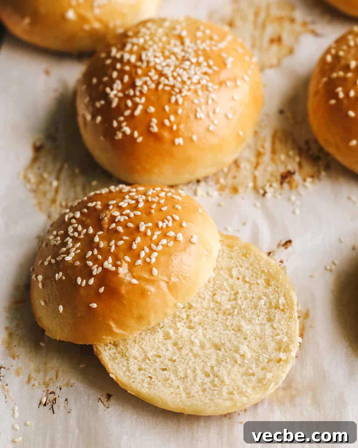 Soft homemade hamburger buns. 6 Homemade Hamburger Buns (Burger Buns), one cut in half