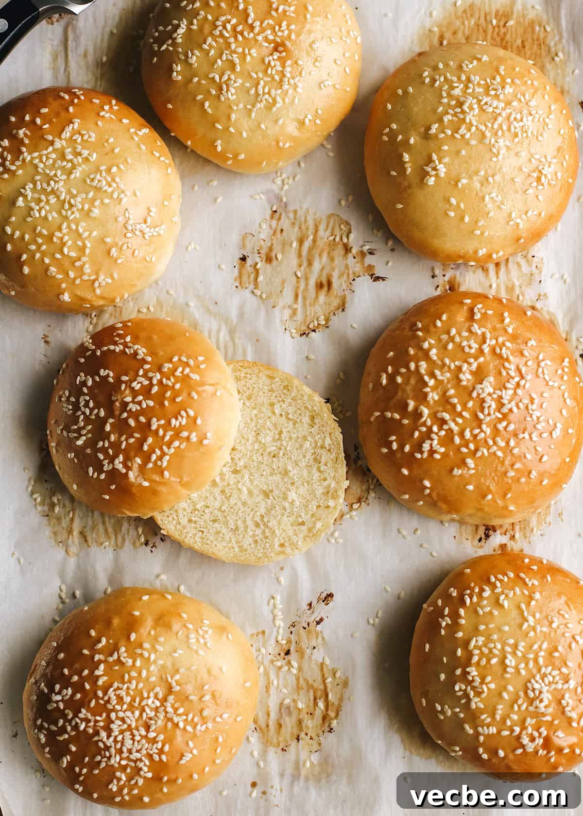 Homemade Hamburger Buns Recipe 2 7 Homemade Hamburger Buns, one cut in half