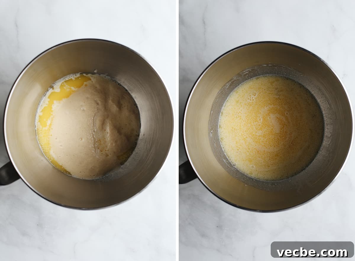 Mixing homemade hamburger bun dough. two photos showing How to Make Homemade Hamburger Buns