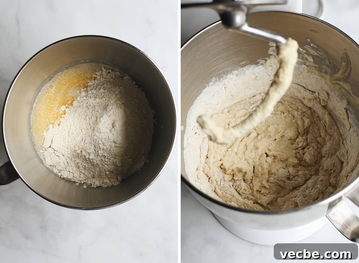 Homemade burger bun dough coming together. two photos showing How to Make Homemade Hamburger Buns
