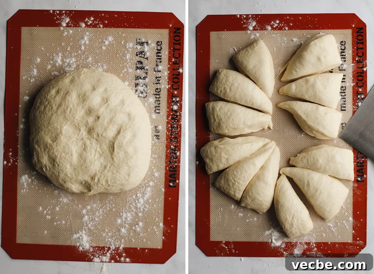 Portioning dough for homemade hamburger buns. two photos showing How to Make Homemade Hamburger Buns