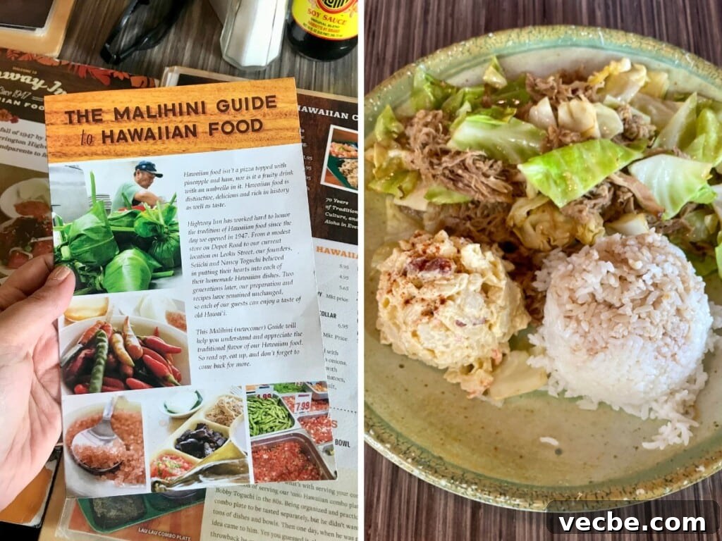 Where to Find Authentic Hawaiian Food in Honolulu 3 Left: Malahini guide to Hawaiian food and menu at Highway Inn Kakaʻako restaurant in Waikīkī. Right: Hawaiian plate lunch with rice, pulled pork and cabbage and macaroni salad.