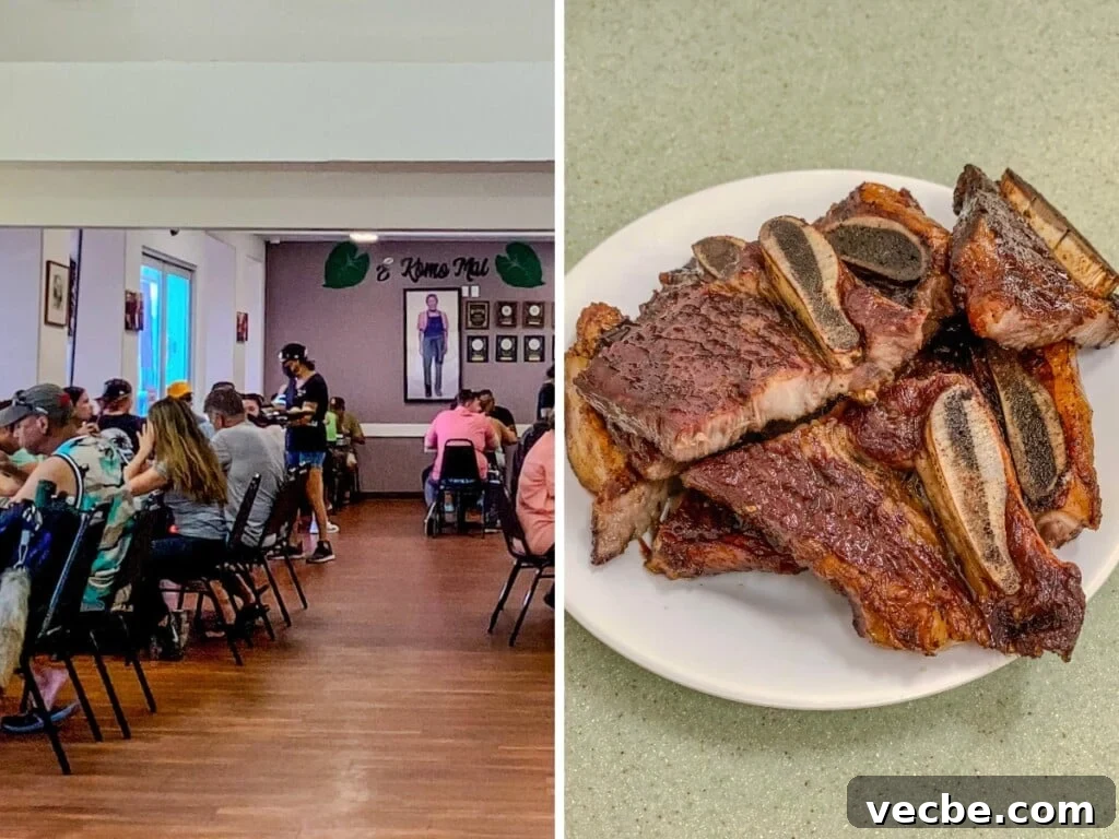 Where to Find Authentic Hawaiian Food in Honolulu 4 Left: Helena’s Hawaiian Food a Hawaiian restaurant in Honolulu. Right: plate of Short Ribs Pipikaula Style.