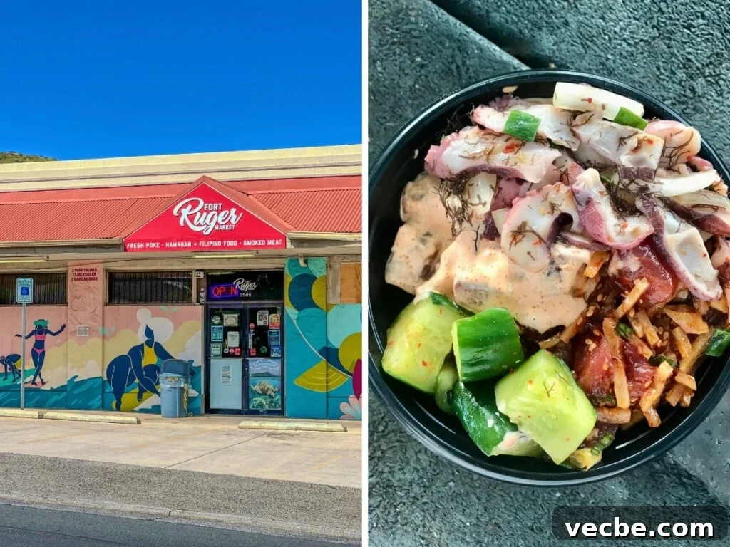 Where to Find Authentic Hawaiian Food in Honolulu 6 Left: Fort Ruger Market's colorful exterior painted with local art. Right: poke bowl a traditional Hawaiian meal.