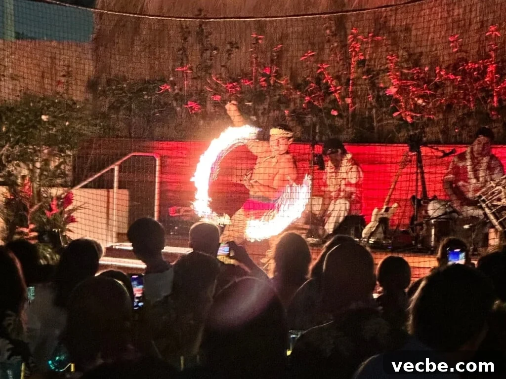 A fire dancer performing on stage at the Pāʻina Lūʻau Waikīkī at the Waikiki Beach Marriott.