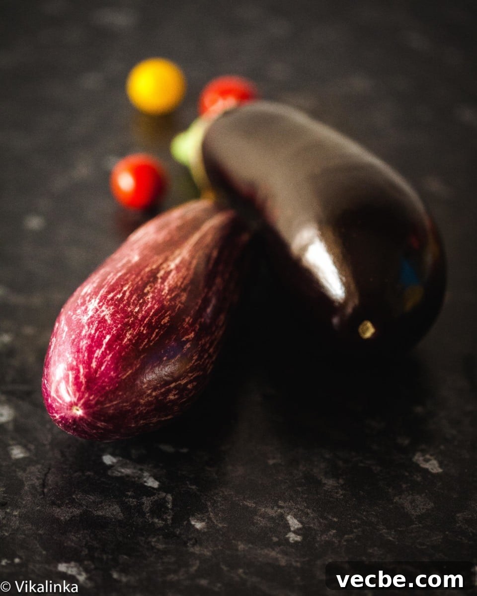 Smoky Baba Ganoush Recipe with Sumac 3 two eggplants on dark background.