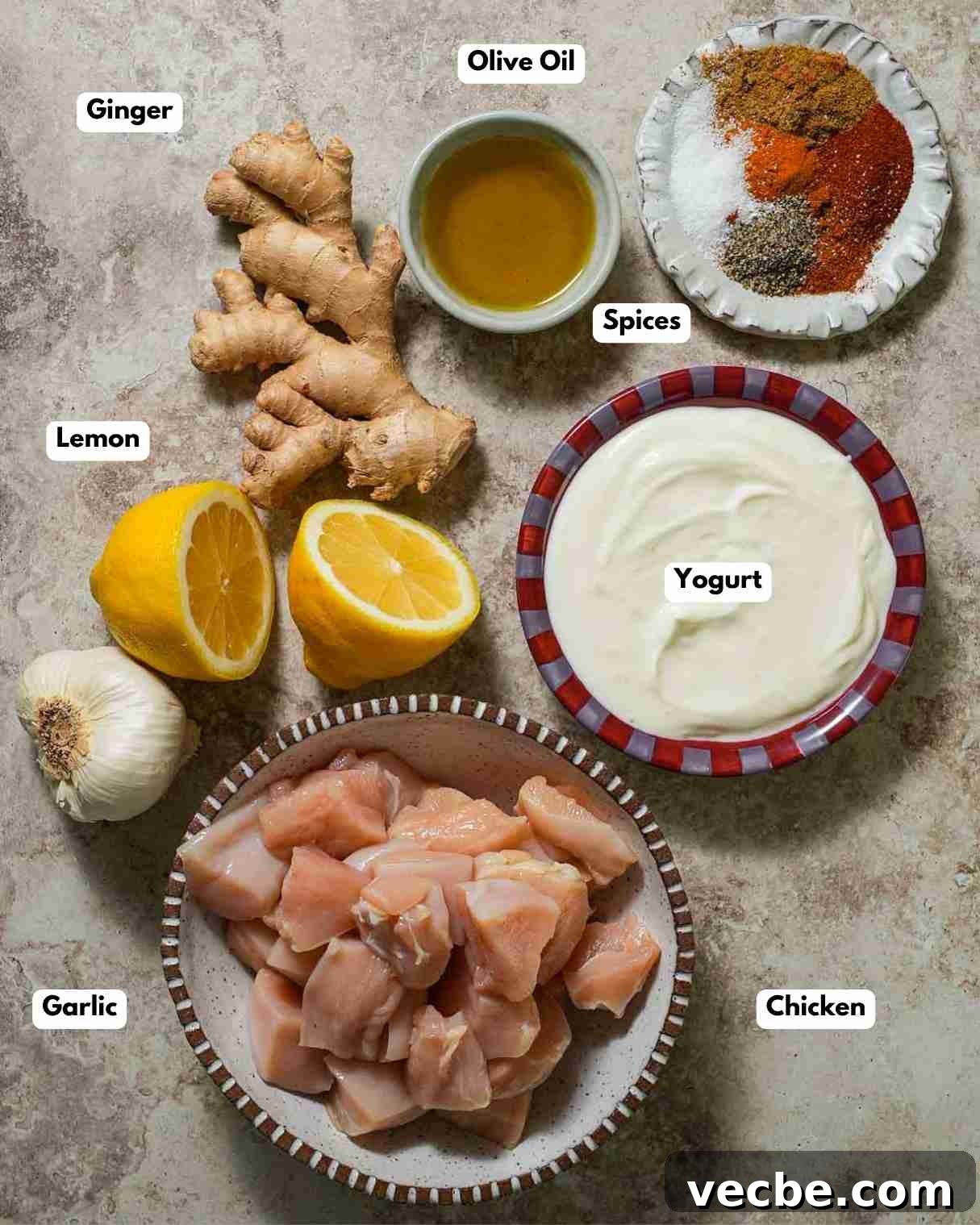 Yogurt-Marinated Grilled Chicken Skewers Recipe 3 The ingredients laid out to make marinated chicken skewers with Greek yogurt.