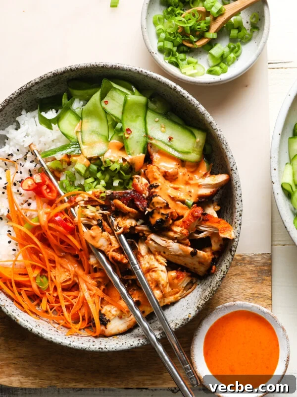 Yogurt-Marinated Grilled Chicken Skewers Recipe 8 Bowl with chicken bulgogi, rice, sliced cucumber, carrots, and a spicy sauce.