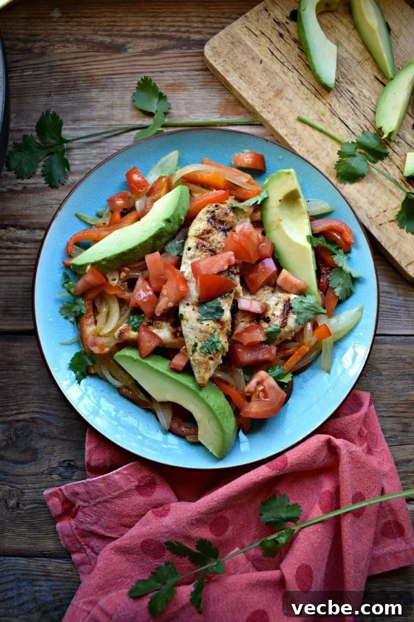 Warm Grilled Chicken and Avocado Salad 2 overhead view of the Warm Chicken & Avocado Salad