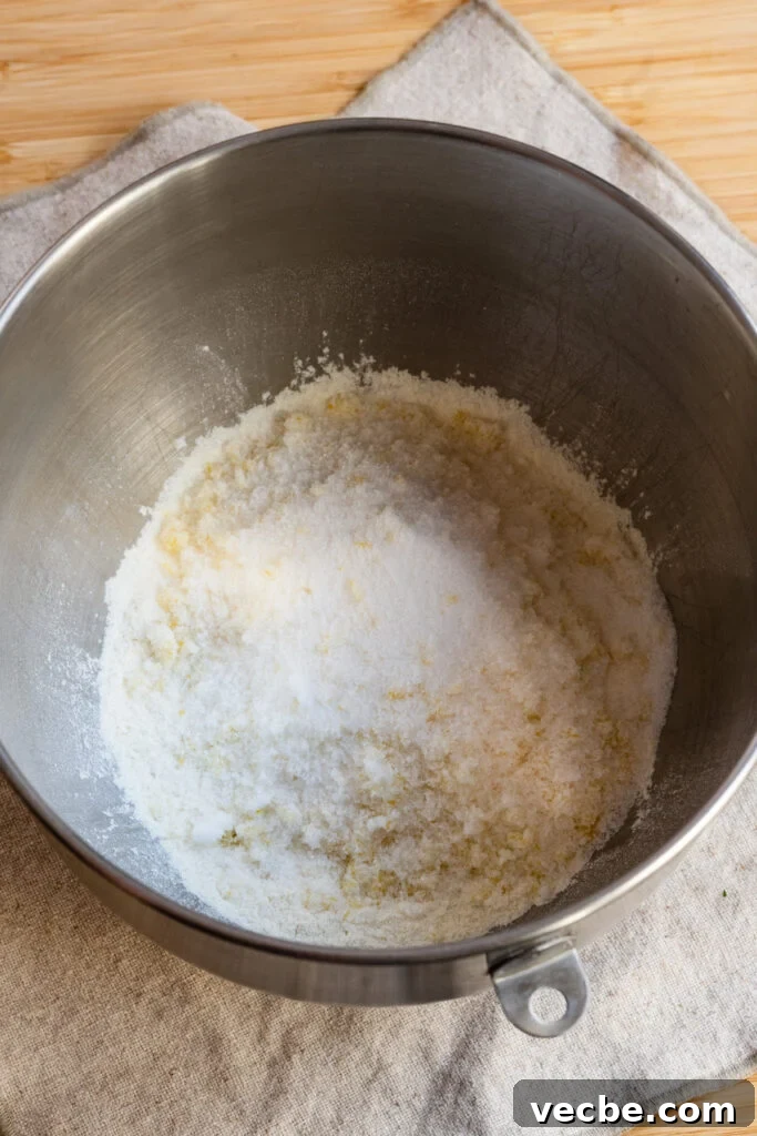Moist Banana Layer Cake with Honey Buttercream Recipe 8 Flour and sugar in the bowl of a stand mixer.
