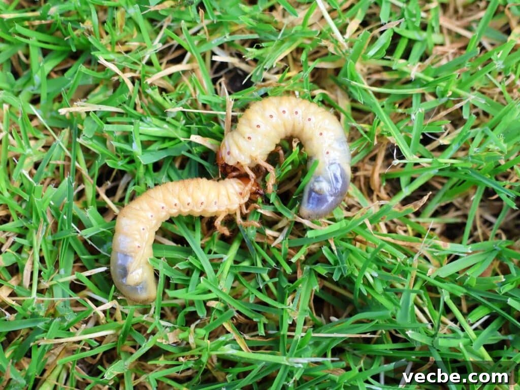 How New Jersey Homeowners Can Stop Summer Pests 2 Close-up of two white lawn grubs lying on green grass, common summer pests that damage turf by chewing roots.