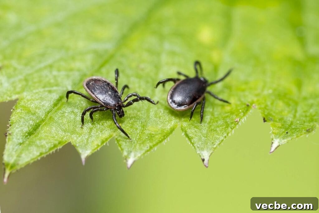 How New Jersey Homeowners Can Stop Summer Pests 3 Two blacklegged ticks crawling on a green leaf, illustrating the risk of tick-borne illnesses in summer.