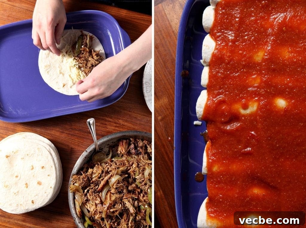 Pork Carnitas Enchiladas with Salsa Verde 4 Collage of two images showing how to fill enchiladas with filling and what they look like before baking