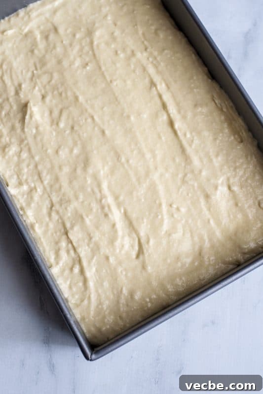Italian Cream Cake Recipe with Pecan Cream Cheese Frosting 11 Cake batter in pan.
