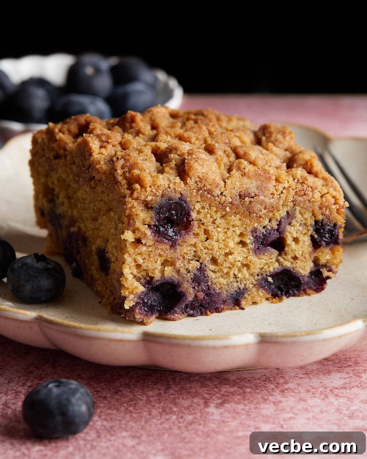 Blueberry Streusel Coffee Cake Recipe with Greek Yogurt 2 Side profile, up close image of blueberry coffee cake on white plate.
