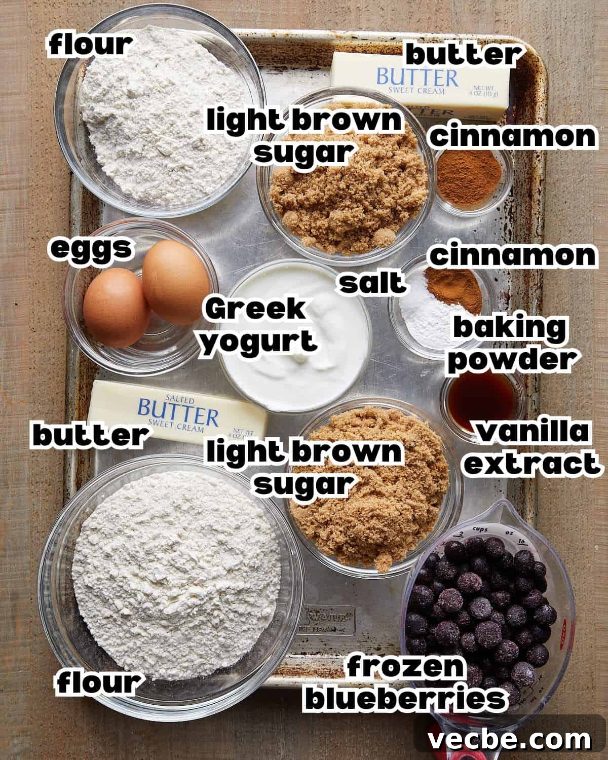 Blueberry Streusel Coffee Cake Recipe with Greek Yogurt 3 Overhead image of ingredients needed to make blueberry coffee cake.