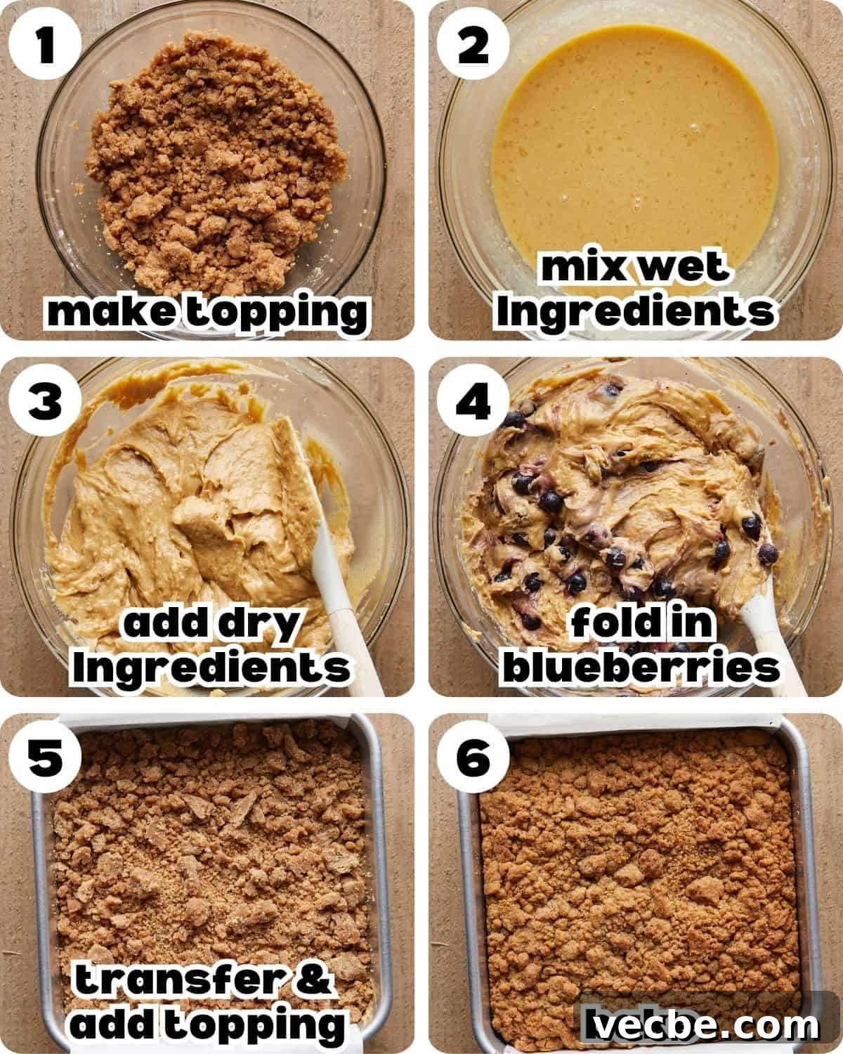 Blueberry Streusel Coffee Cake Recipe with Greek Yogurt 4 A 6 photo collage showing the steps for blueberry coffee cake recipe.