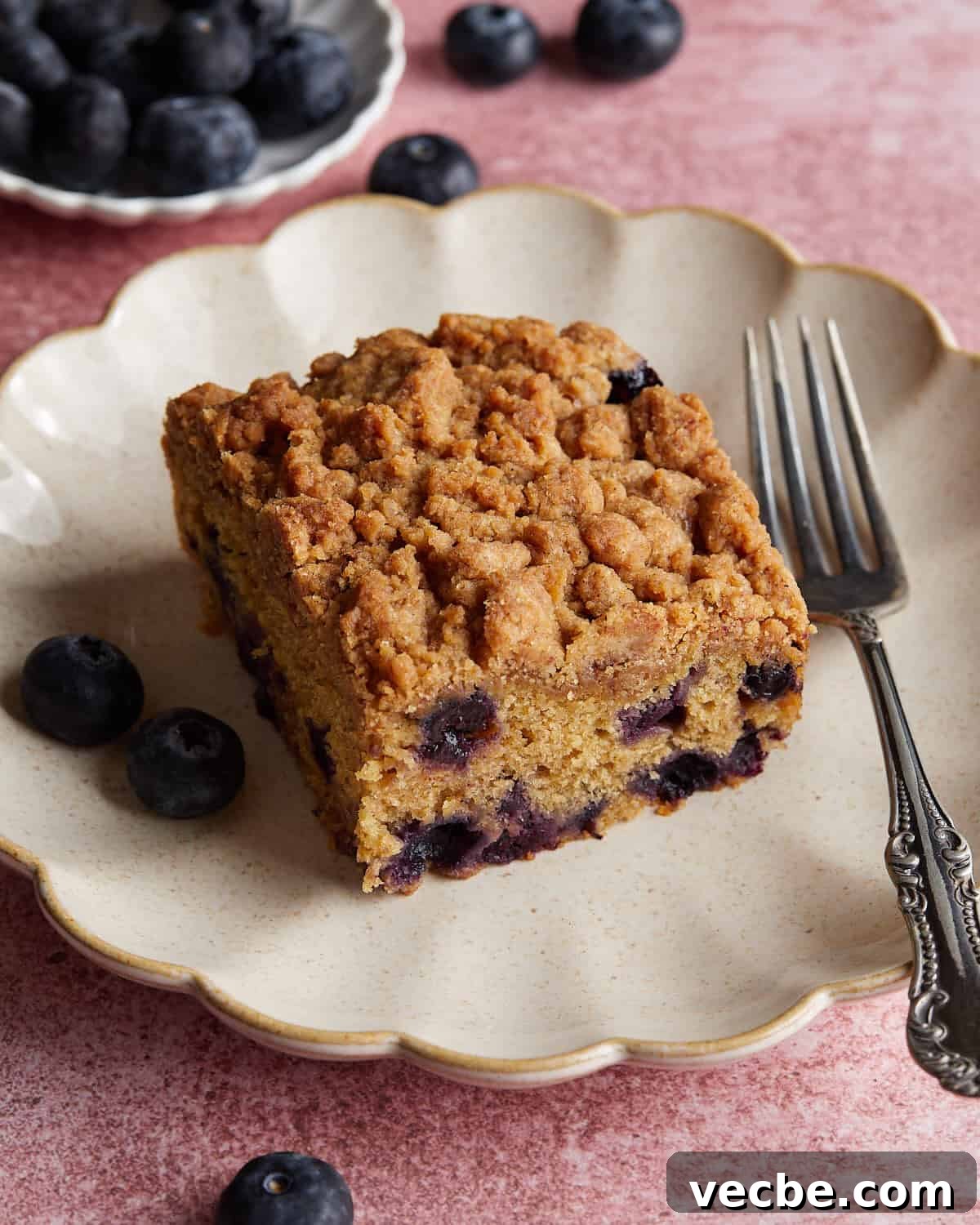 Blueberry Streusel Coffee Cake Recipe with Greek Yogurt 5 Overhead image of blueberry coffee cake on white dish with fork.