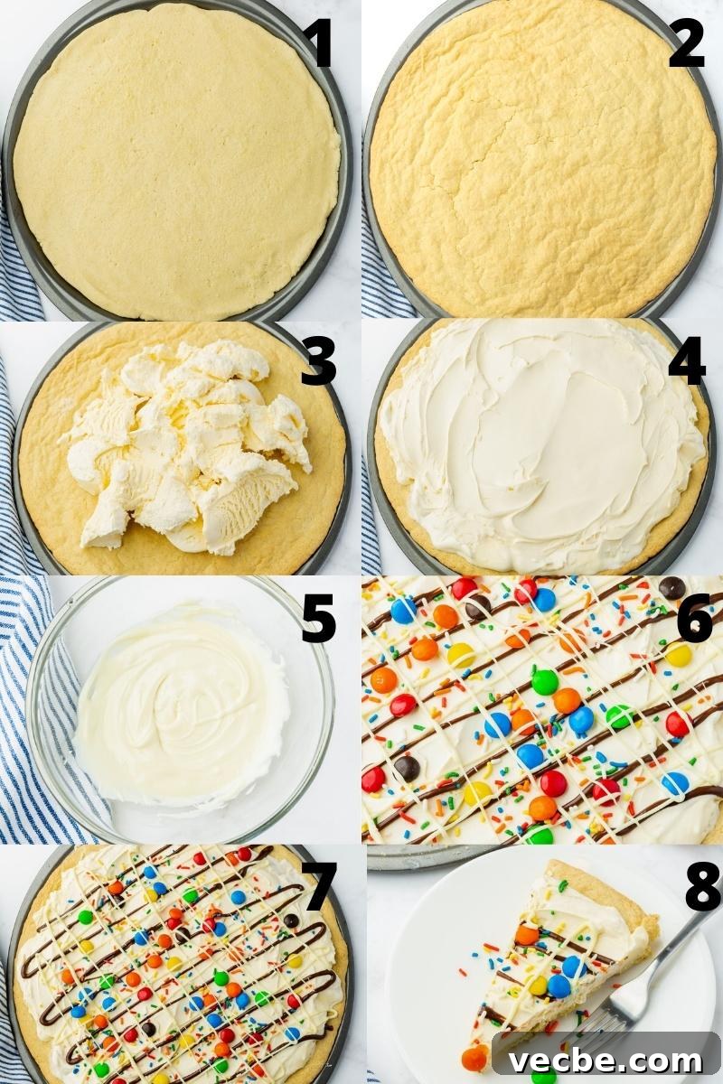 No-Bake Ice Cream Pizza Recipe with Cookie Crust 4 a collage of 8 numbered images showing how to make an easy ice cream pizza with a cookie crust.