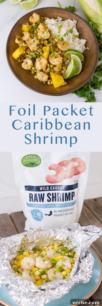 Caribbean Shrimp Foil Packets with Pineapple and Peppers 11 Long pin for Pinterest with two images of Foil Packet Caribbean Shrimp in a brown bowl and in a foil packet with a bag of shrimp plus the title in the middle