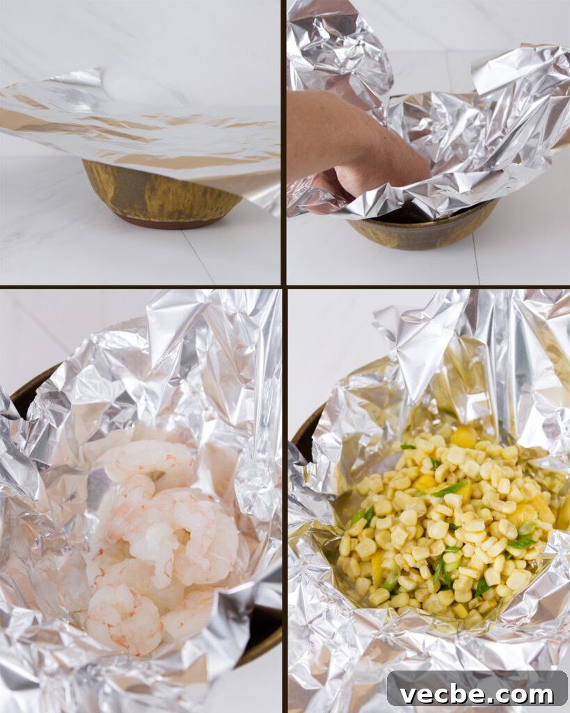 Caribbean Shrimp Foil Packets with Pineapple and Peppers 8 How to make a foil packet for grilling: 4 images in a collage. 1) place the foil over a bowl. 2) gently press the foil down. 3) add the shrimp to the foil. 4) add the veggies.