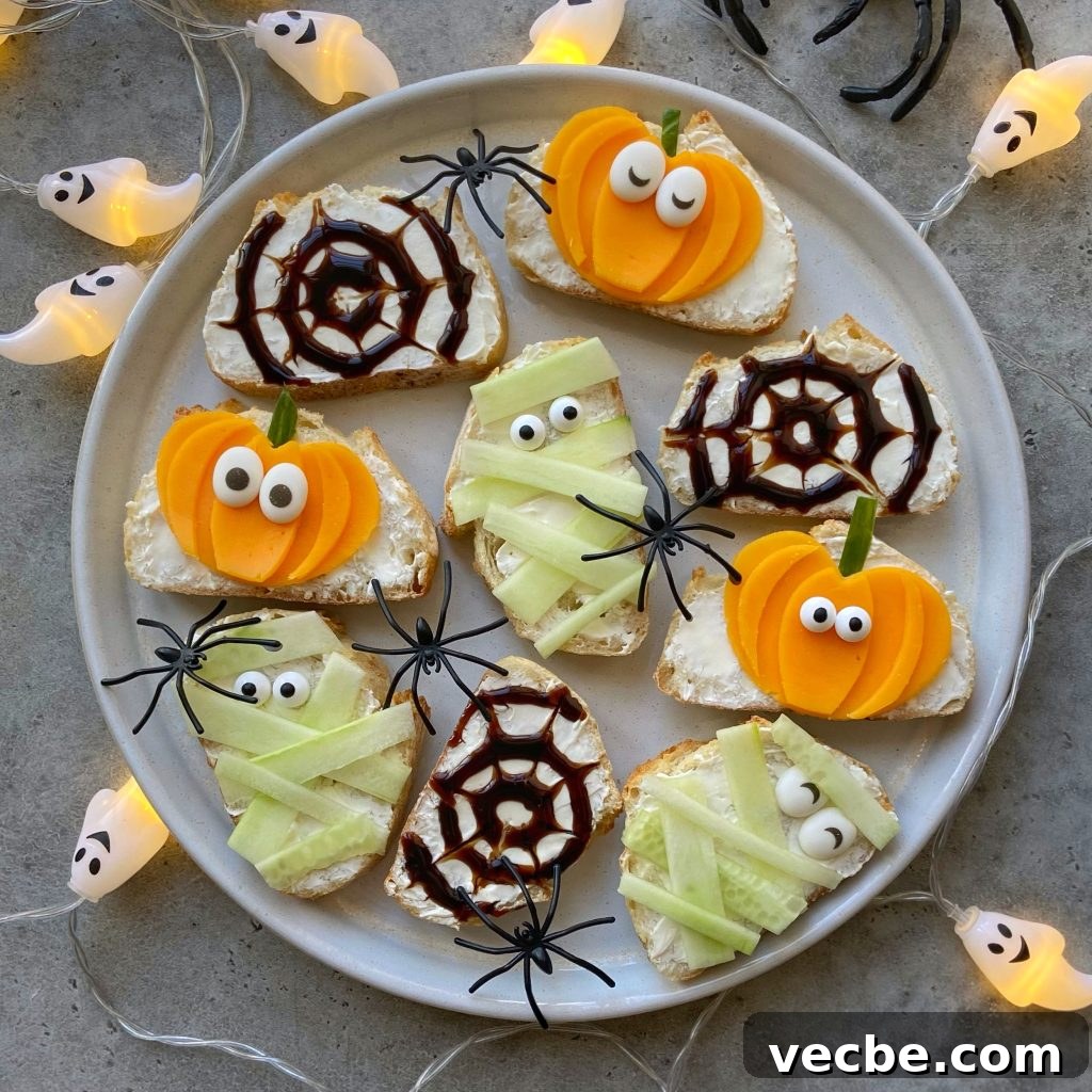 Spooky Halloween Appetizers to Wow Party Guests 3 Three Halloween crostini styles: pumpkins, mummies, and spiderwebs displayed on a platter.