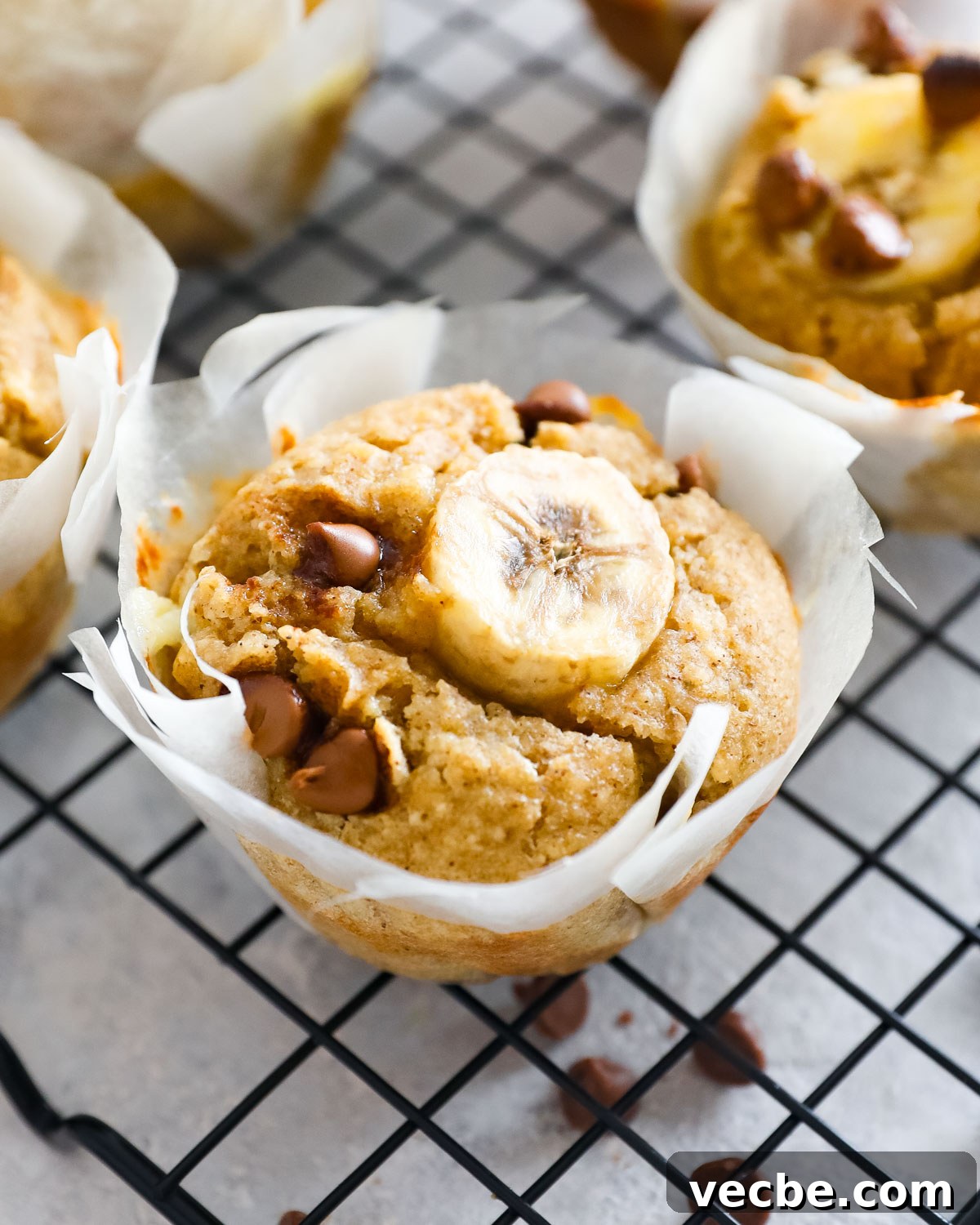 Moist Banana Oatmeal Muffins Recipe with Cinnamon 2 muffins on a rack