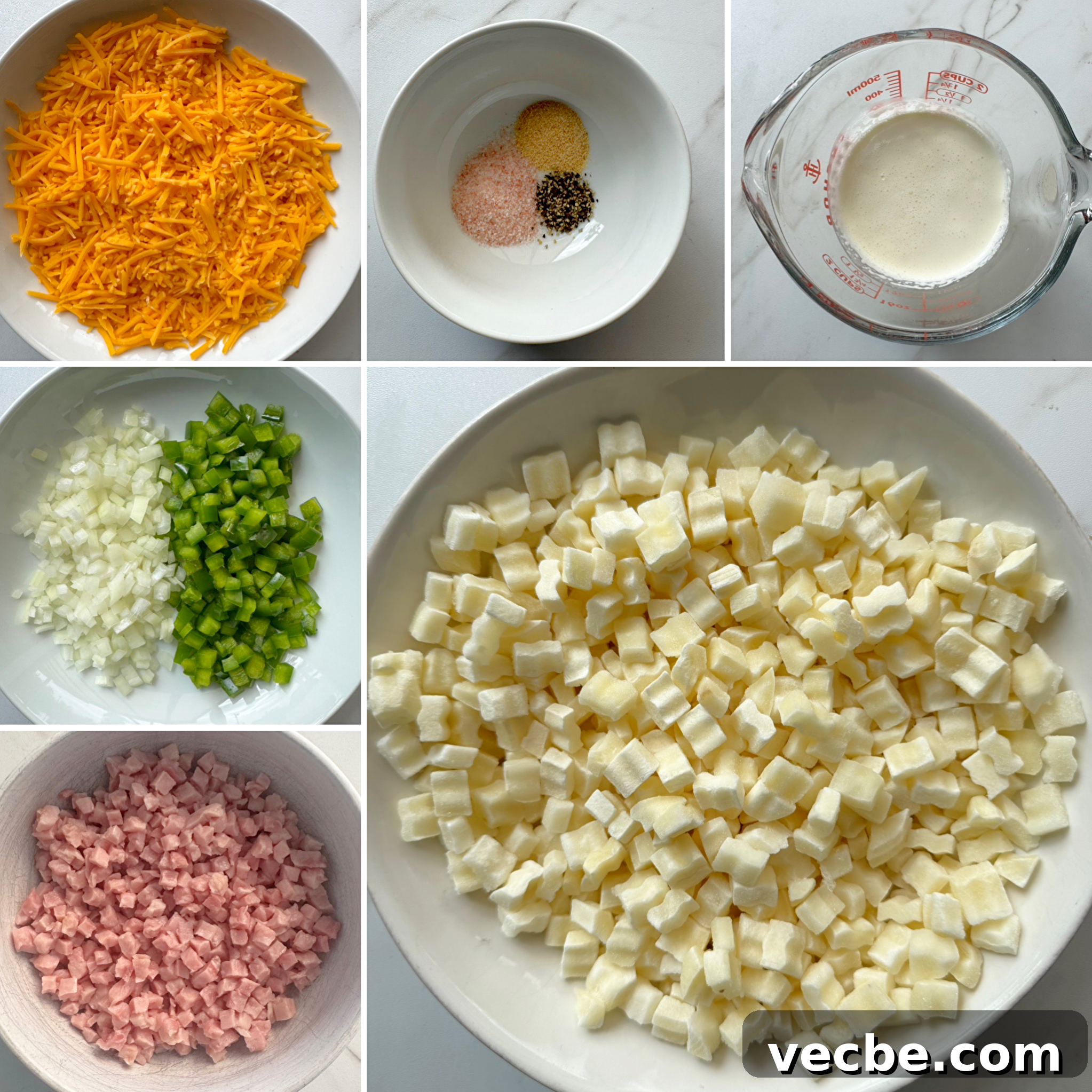Crockpot Cheesy Breakfast Potatoes Recipe 3 collage of ingredients for overhead shot of cooked slow cooker Cheesy Breakfast Potatoes