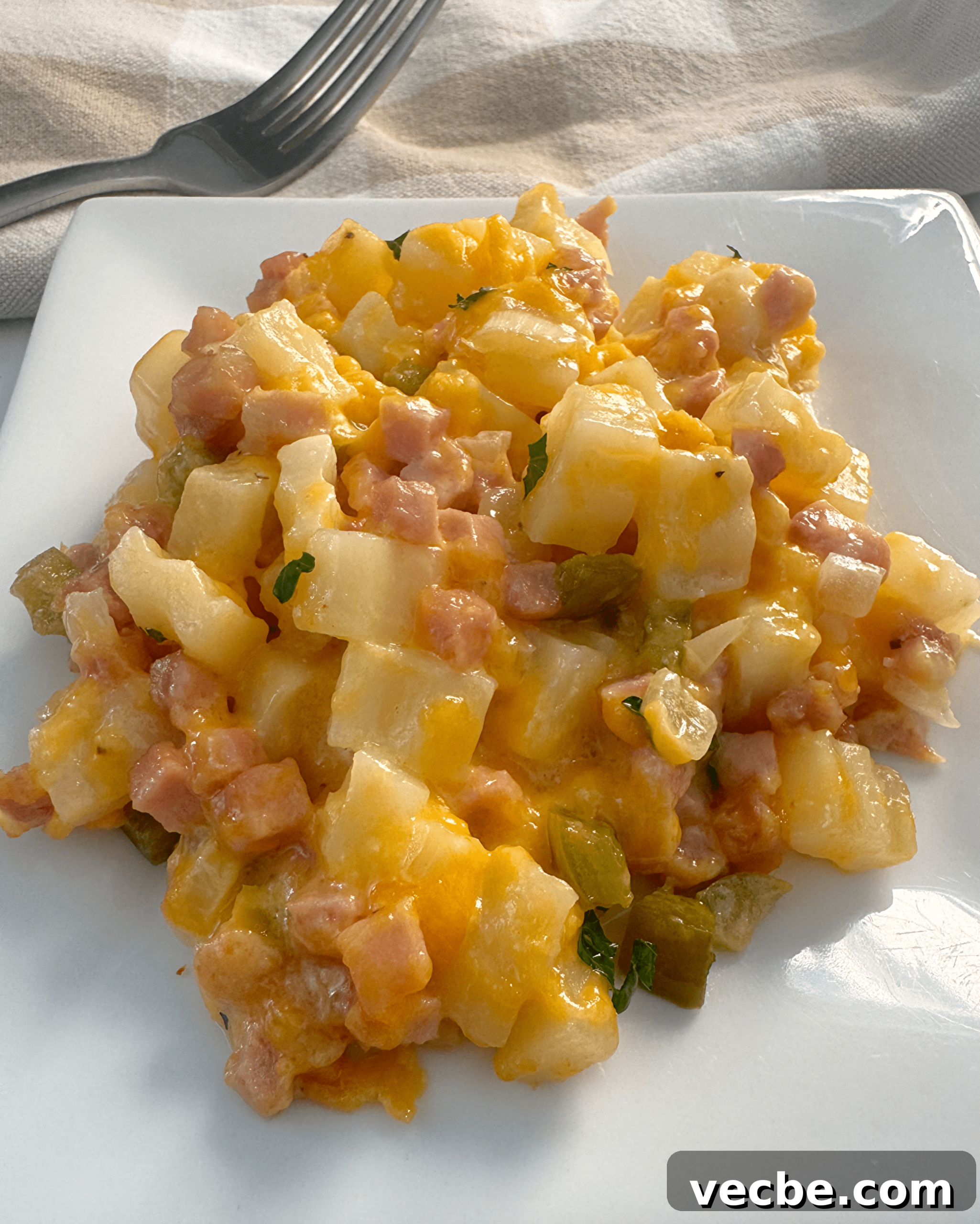Crockpot Cheesy Breakfast Potatoes Recipe 6 close up shot of cooked cheesy breakfast potatoes on a white plate