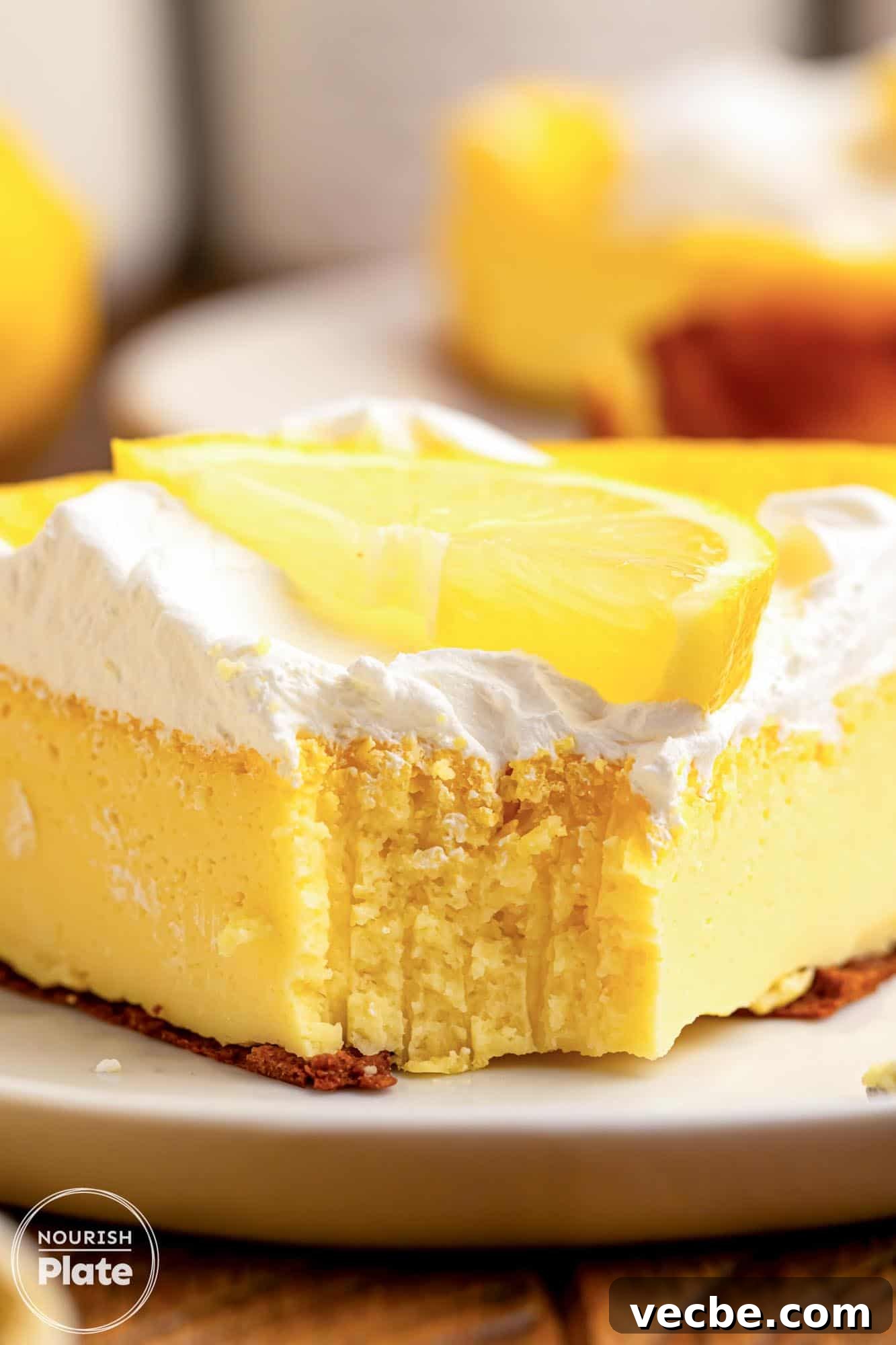4-Ingredient Lemon Greek Yogurt Cheesecake 5 A slice of lemon Greek yogurt cheesecake topped with whipped cream and fresh lemon slices, showing a creamy texture and a bite taken out.