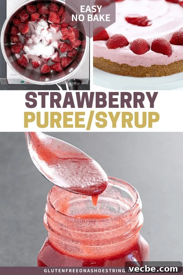 Homemade Strawberry Puree and Syrup Recipe 10 Strawberry puree ingredients in pan, used in a no bake strawberry cheesecake, and in a jar.