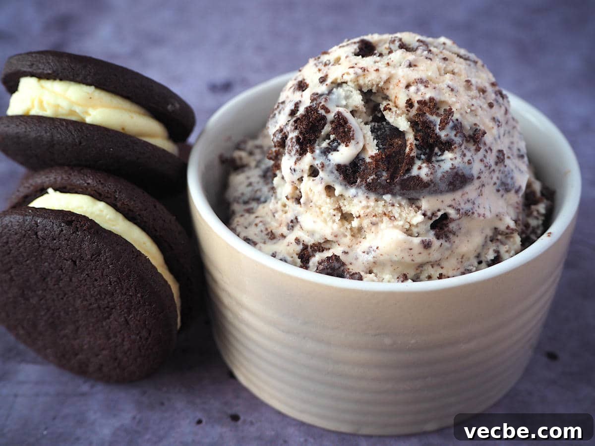 Cookies and Cream Ice Cream Recipe 2 Bowl of cookies and cream ice cream with Oreos stacked on the side.