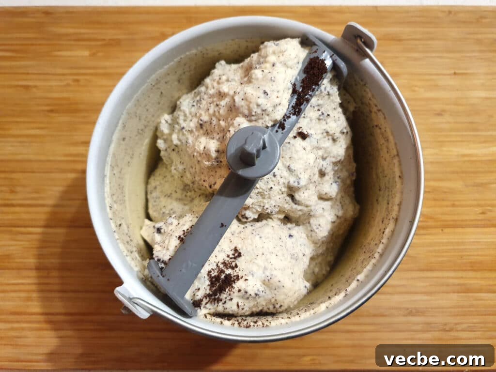 Cookies and Cream Ice Cream Recipe 16 Churned ice cream in churning bowl.
