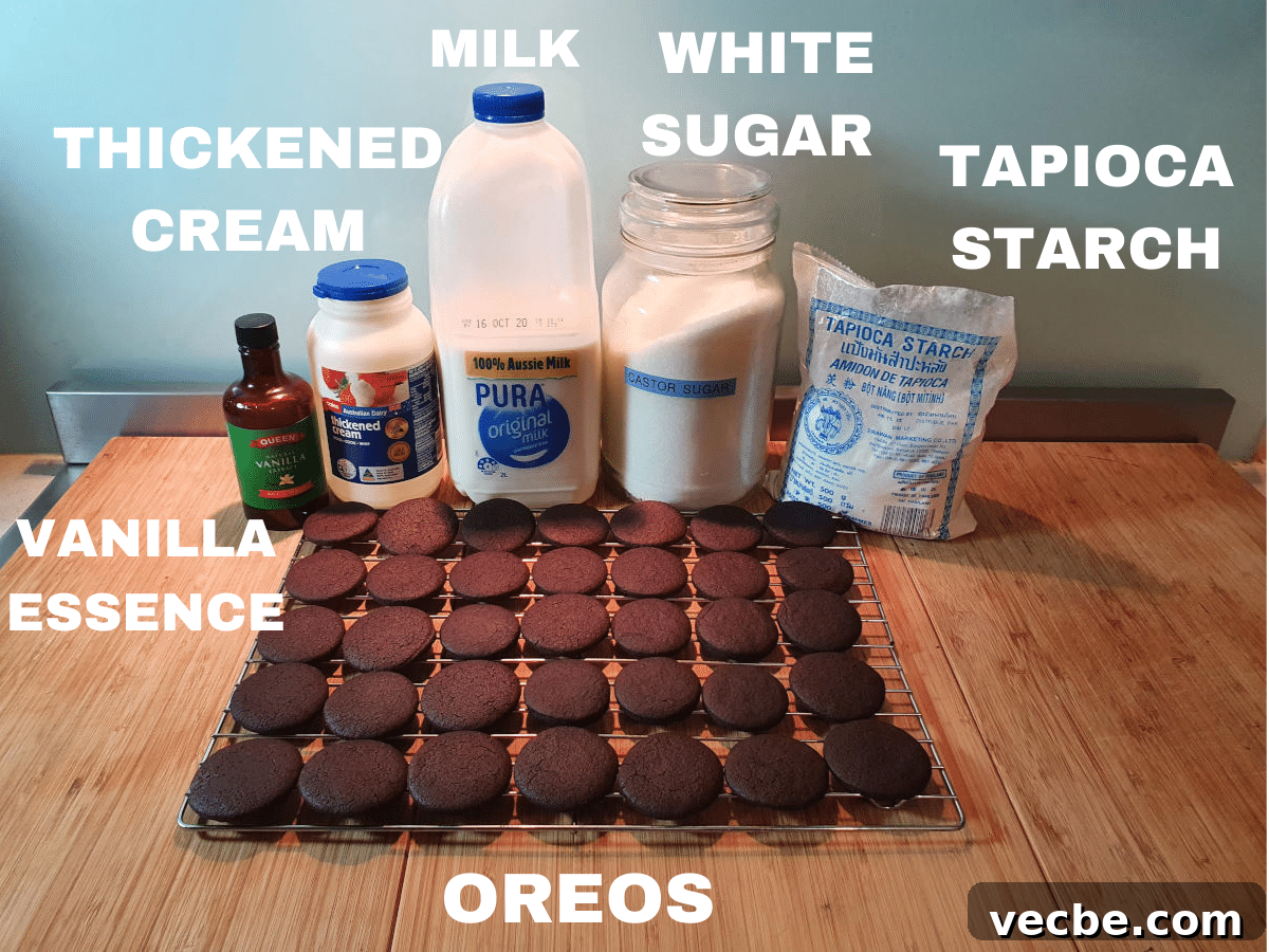 Cookies and Cream Ice Cream Recipe 3 Cookies and cream ice cream ingredients, vanilla essence, thickened cream, milk, white sugar, tapioca starch, homemade oreos.