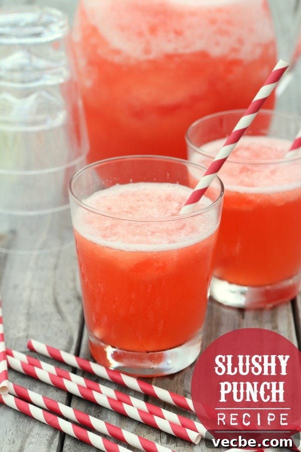 Slushy punch is fruity and fizzy and perfect for any occasion. Adding wax fangs make it a Halloween must! Slushy Punch served with red and white straws