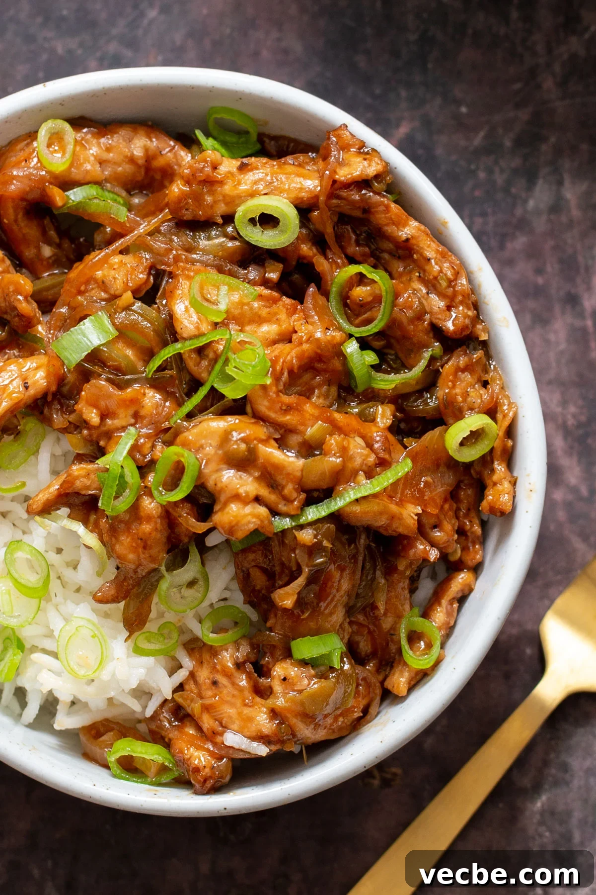 Vegan Chilli Chicken with Soy Curls Recipe 4 overhead shot of vegan chili chicken sprinkled with chopped green onions
