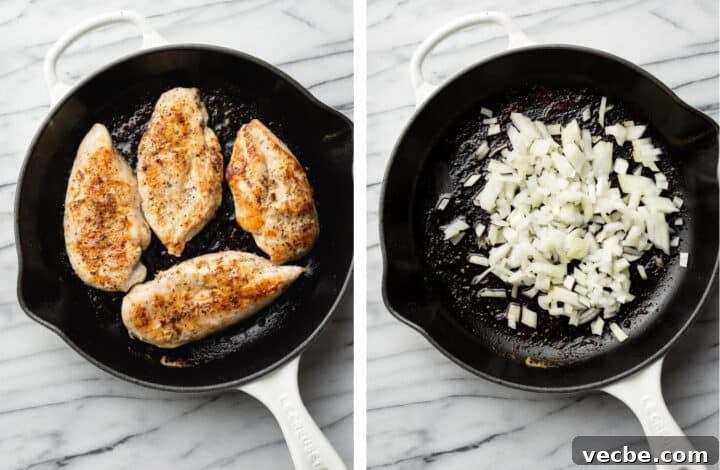 Creamy Boursin Chicken with Garlic and Herbs 4 pan frying chicken and sauteing onions