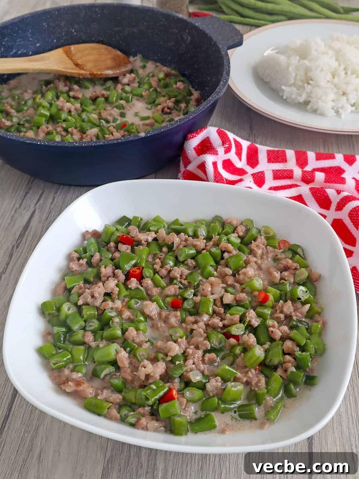 Gising Gising Filipino Green Beans in Spicy Coconut Sauce 5 Gising gising with green beans in a white serving bowl